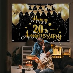 Reusable 6x4ft Happy 20th Anniversary Party Banner – Gorgeous Black Gold Design