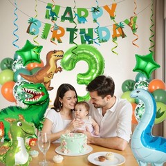 Dinosaur 3rd Party Decorations for Boys Girl, Foil Green Star Number 3 Dinosa…