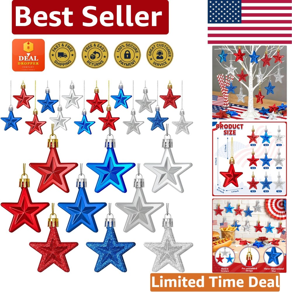 Festive 24PC Patriotic Star Decorations in Red, Silver & Blue – Pre-Hung Design