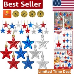 Festive 24PC Patriotic Star Decorations in Red, Silver & Blue – Pre-Hung Design