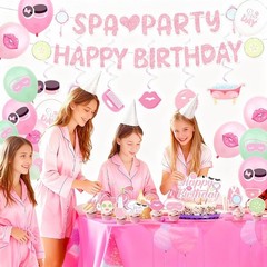 Pink Spa Birthday Party Decorations,Kit With Banner, Balloons, Cake Topper