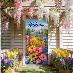 Spring Door Covers Banner Welcome Cottage & Flower Design 35.4×70.86inches Po…