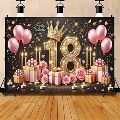 18th Birthday Backdrop Banner – Black & Pink Balloons, Golden Crown Theme, 8x6ft