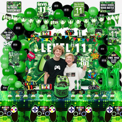 11Th Birthday Decorations for Boys, 149Pcs Green Video Game Level 11 Party Suppl