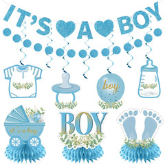 Baby Shower Decorationsfor Boy – 9PCS Light Blue Glitter It’S a Boy Gender Revea