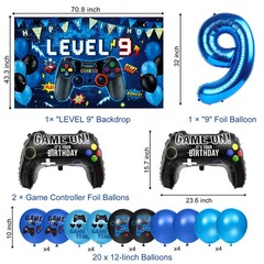 9th Decorations for Boys, Blue Video Game Party Decorations, Level 9 Backdrop…