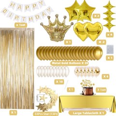 Gold Birthday Decorations Set – 92Pcs Set Gold Banner, Star Garland, Crown, S…