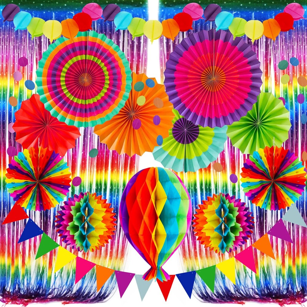 Party Decorations, Colourful Rainbow Foil Fringe Curtain Fiesta Hanging Paper…