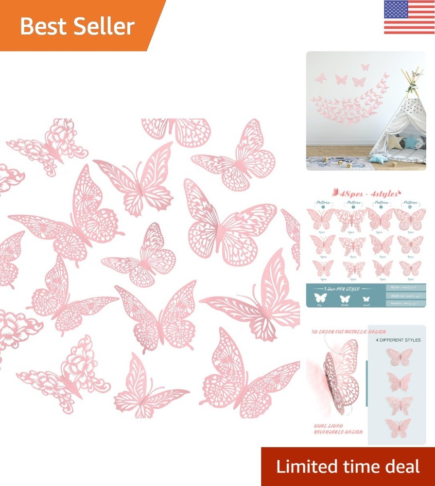 Magical 3D Pink Butterfly Wall Decor Set – Perfect for Celebrations, 48 Pcs