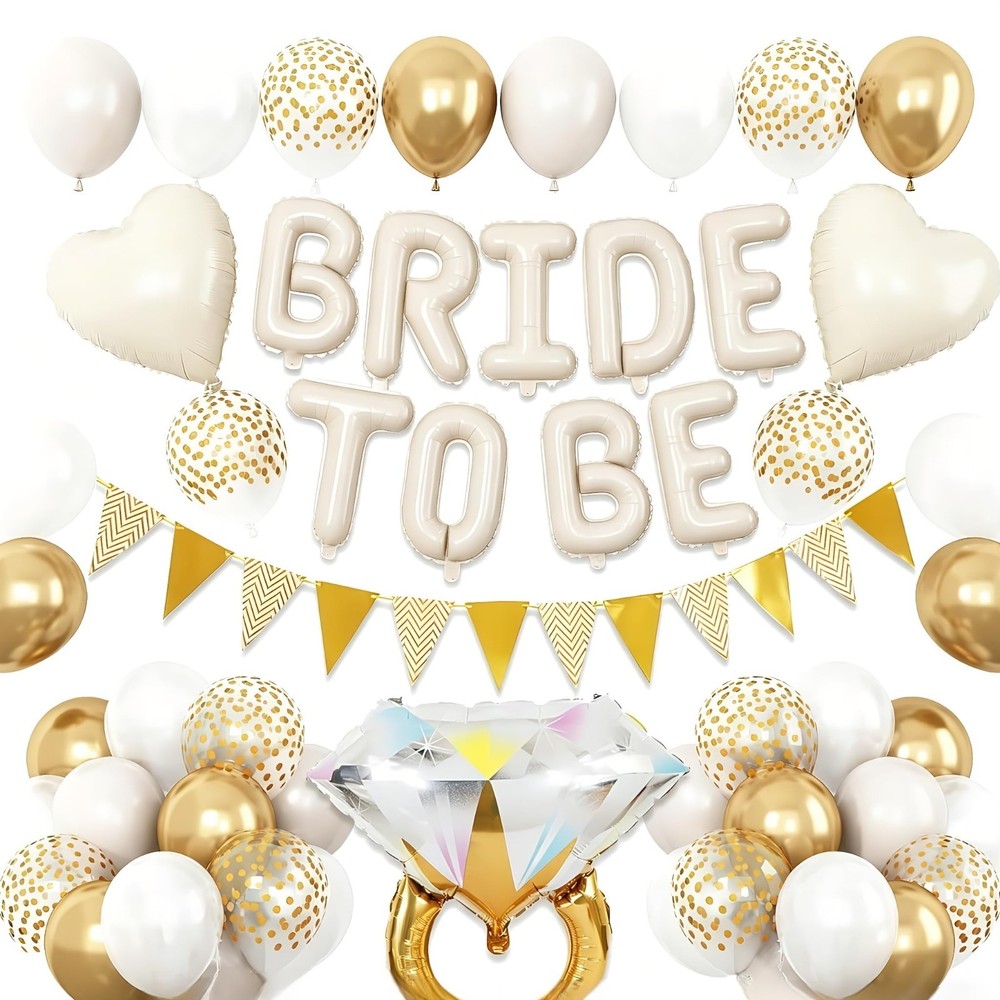 Gold & White Bride Balloons – Bachelorette Party Decorations, Diamond Ring Foil,
