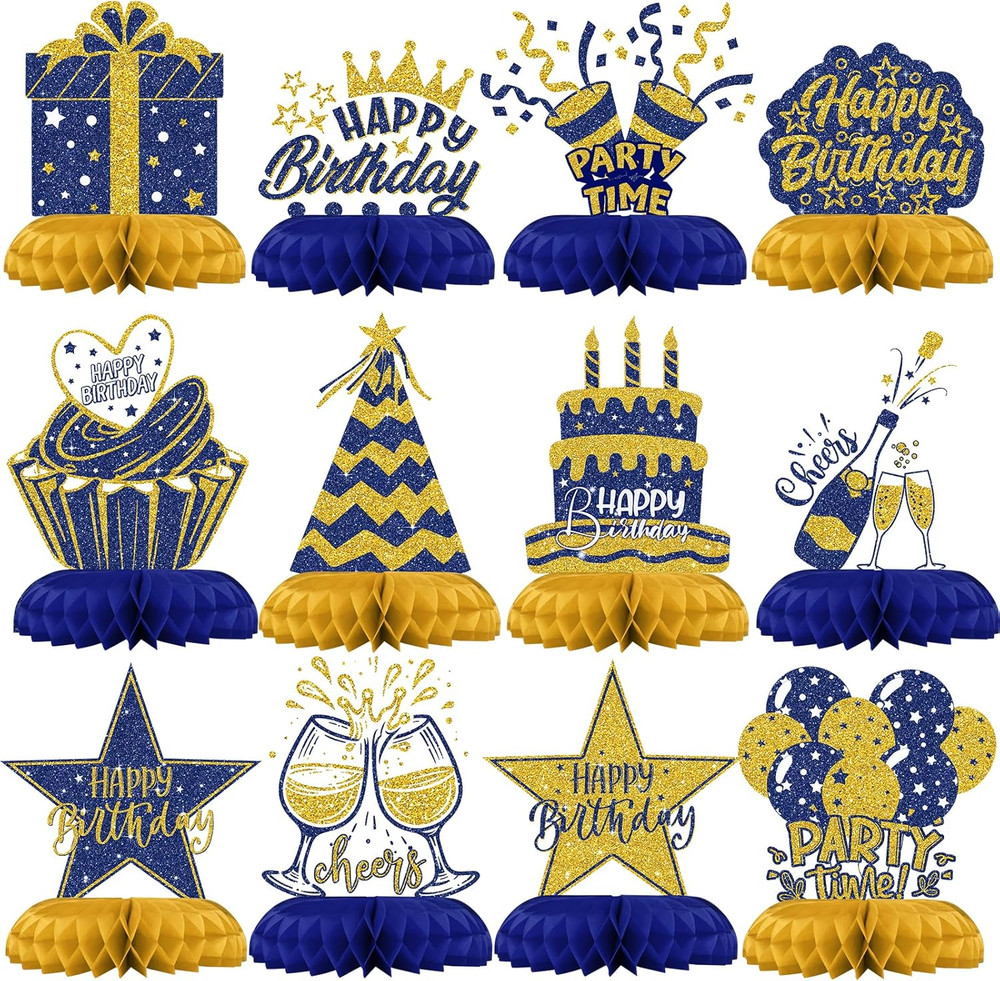 Blue and Gold Birthday Decorations – 12Pcs Honeycomb Table Centerpieces, Elegant