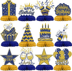 Blue and Gold Birthday Decorations – 12Pcs Honeycomb Table Centerpieces, Elegant