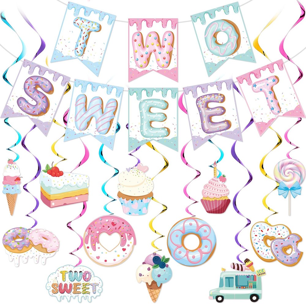 25 Pcs Two Sweet Birthday Decorations, Donut & Ice Cream Party Decor Set with…