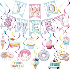 25 Pcs Two Sweet Birthday Decorations, Donut & Ice Cream Party Decor Set with…