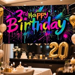 3rd Happy Birthday Party Banner 71 x 43 Inches Rainbow Neon Happy Birthday 3rd