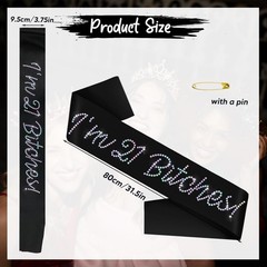 I’m 21 Bitches Birthday Sash, Black Satin Sash with Glitter