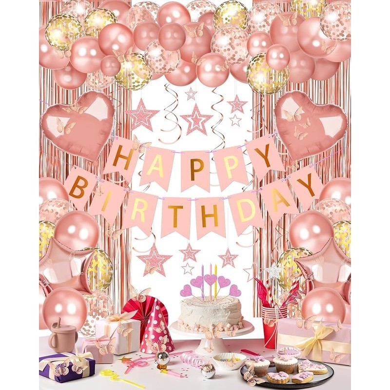 Rose Gold Birthday Decorations Set Happy Birthday Banner Balloons Party Supplies