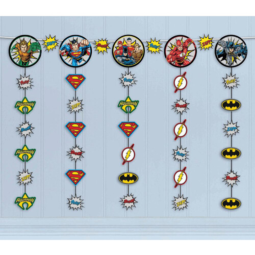 JUSTICE LEAGUE Heroes Unite STRING DECORATIONS (5pc) ~ Birthday Party Supplies