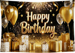 7X5Ft Black and Gold Happy Birthday Backdrop Glitter Balloon and Fireworks