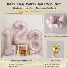 2nd Decorations for Girl Boy, Pastel Pink Number 2 Foil Balloon Set with Bow,…