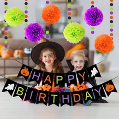 Halloween Theme Happy Birthday Banner Happy Birthday Halloween Banner Pom Poms