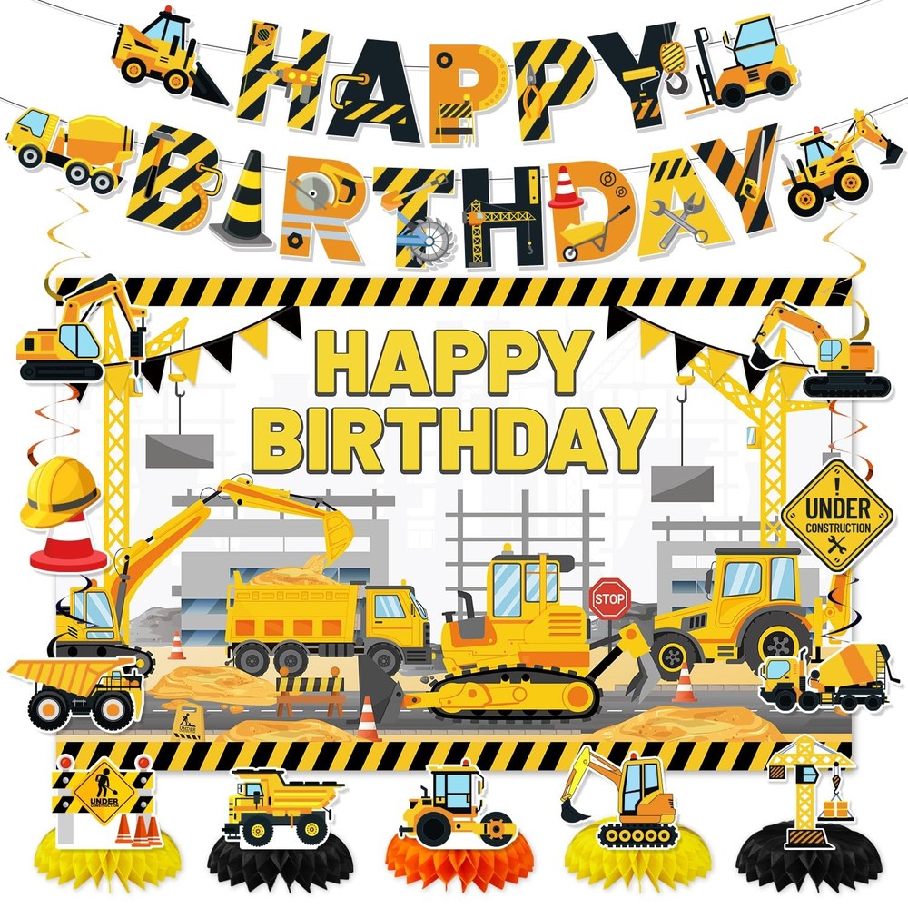 Construction Birthday Party Supplies & Decorations Kit with Excavator Banner,…