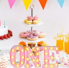 Light up Letter ONE Plastic Marquee Number Lights Birthday 3pc New Pink