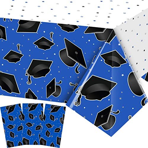 3 Pcs 2024 Graduation Party Tablecloth, Graduation Cap Rectangle Blue and White