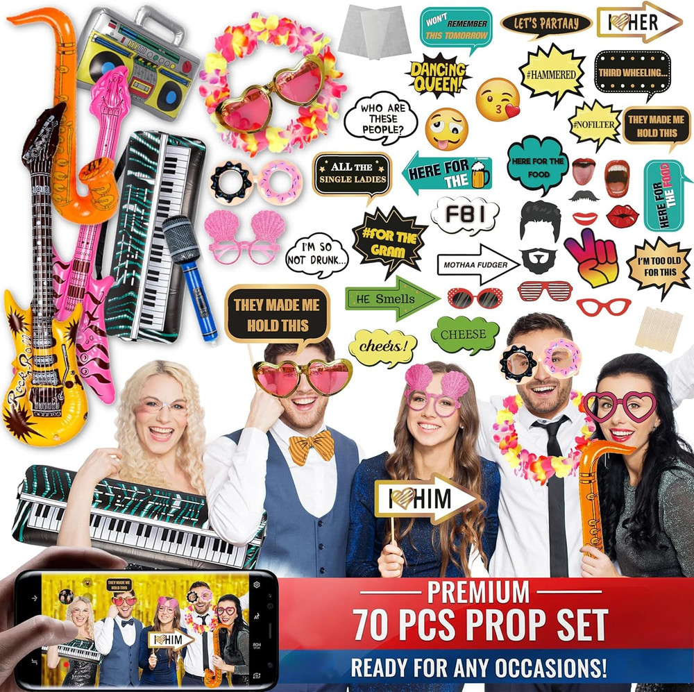 70 Pc Large Premium Photo Booth Props Set for All Occasions – Wedding Props, Bir