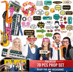 70 Pc Large Premium Photo Booth Props Set for All Occasions – Wedding Props, Bir