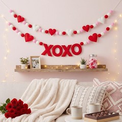 2pcs Valentine Garland Felt 3D Heart Pompom Garland Red White Pom Pom Banner …