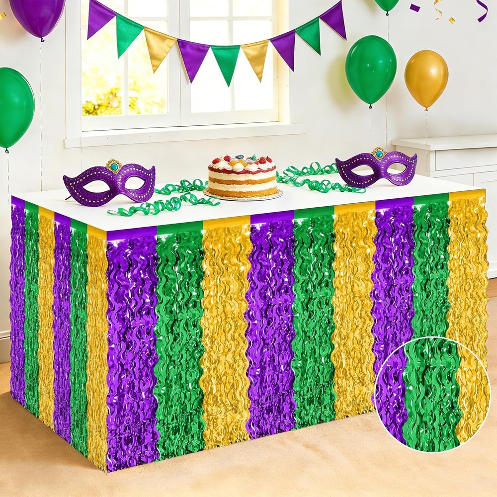 2 Pack Mardi Gras Decorations, 29.5 × 108 Inches Green Purple Gold Fringe Mardi