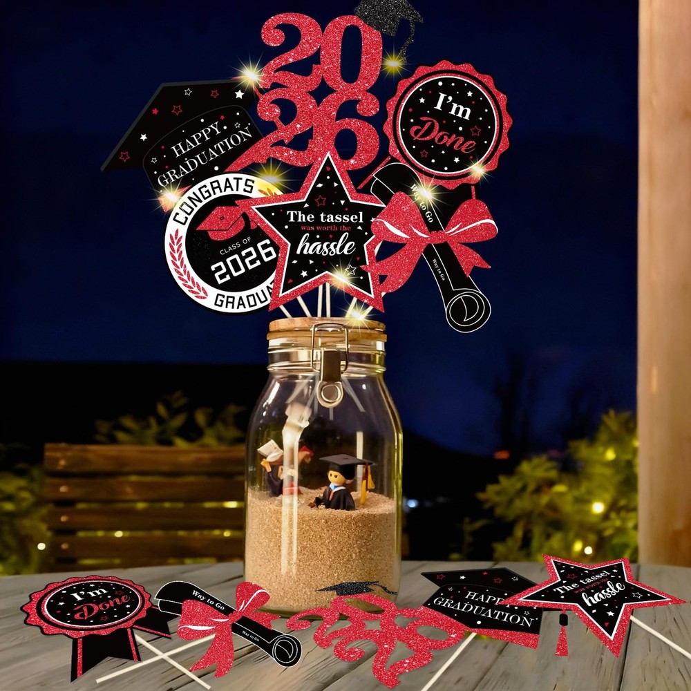 30 PCS Class of 2026 Graduation Centerpieces Sticks Black Red LED Light