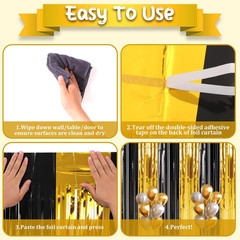 4 Pack Black and Gold Foil Fringe Backdrop Curtains, Tinsel Streamers Birthday P