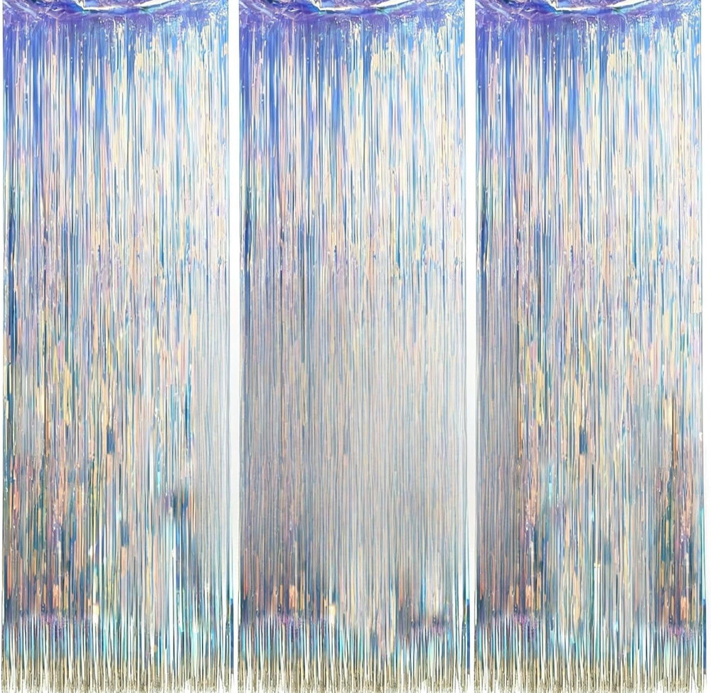 3 Packs Foil Curtain Backdrop 9.8X3.28Ft Iridescent Metallic Tinsel Foil Fringe