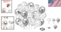 50 Pack White Silver Confetti Balloons 12 Inch Metallic Party Decor Ribbon