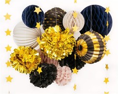 Paper Party Decoration Set Pom Pom Honeycomb Accordion Lantern Charcoal Blue