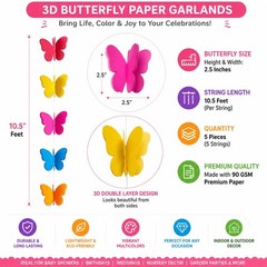 3D Butterfly Garland Decorations, 51 Ft Hanging Butterfly Streamers, 5 Pack C…