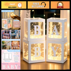 Baby Shower Letter Boxes with LED Lights – 4 Clear Balloon Decor Blocks for Gend