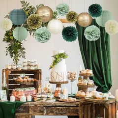 Sage Green Party Decorations, Lanterns and Pom Poms Flowers for Party Baby Sh…
