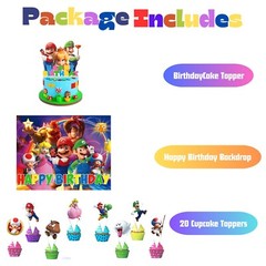 Mario Theme Super Party Decorations – Banner Cake Topper, Balloons, Backdrop Set