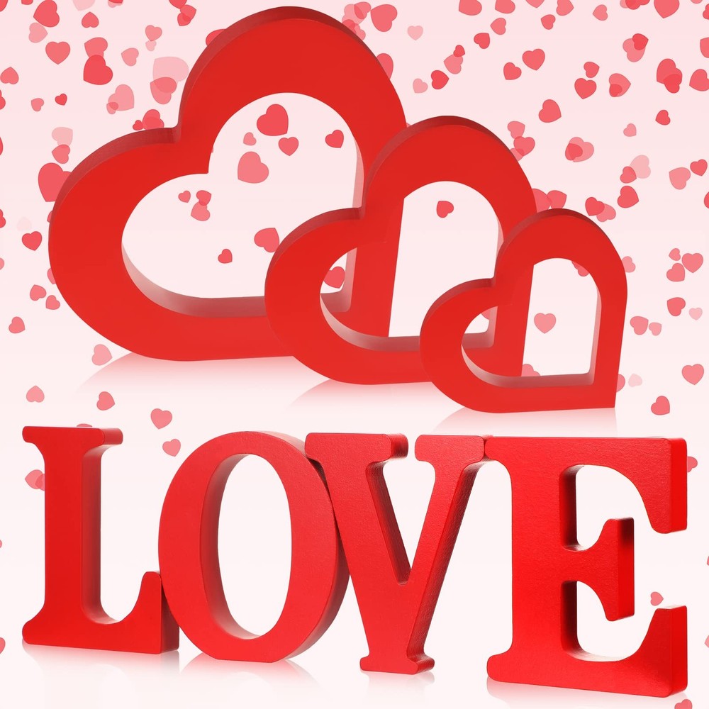 7 PCS Red Valentine Day Decor Table Centerpieces Love Letter Heart Wood Sign