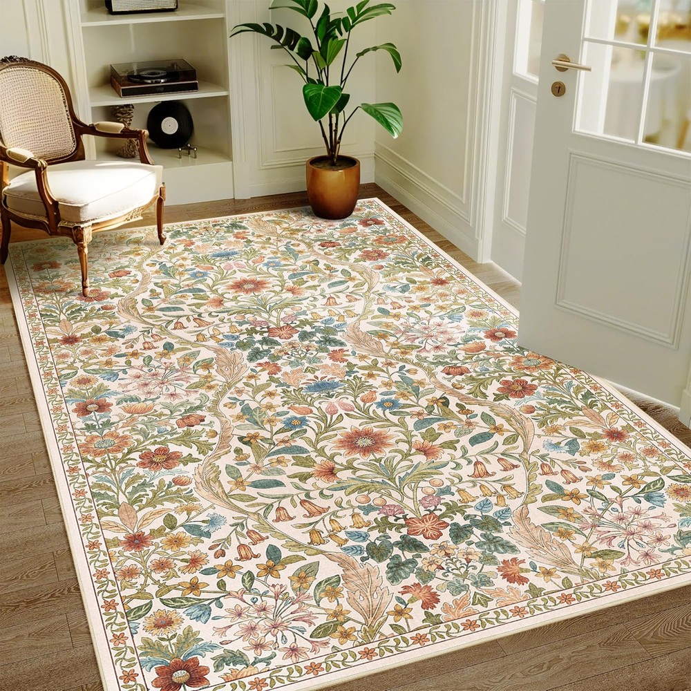 3×5 Beige Boho Floral Washable Rug,Soft Lightweight Low Pile Non-Shedding Car…