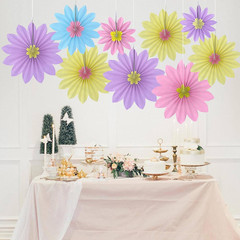 9 PCS Pastel Birthday Decorations, Yellow,Pink and Purple Sunflower Paper Fans D