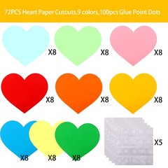 72 PCS 6-inch Large Heart Paper Cutouts 9 Assorted Colors for Classroom