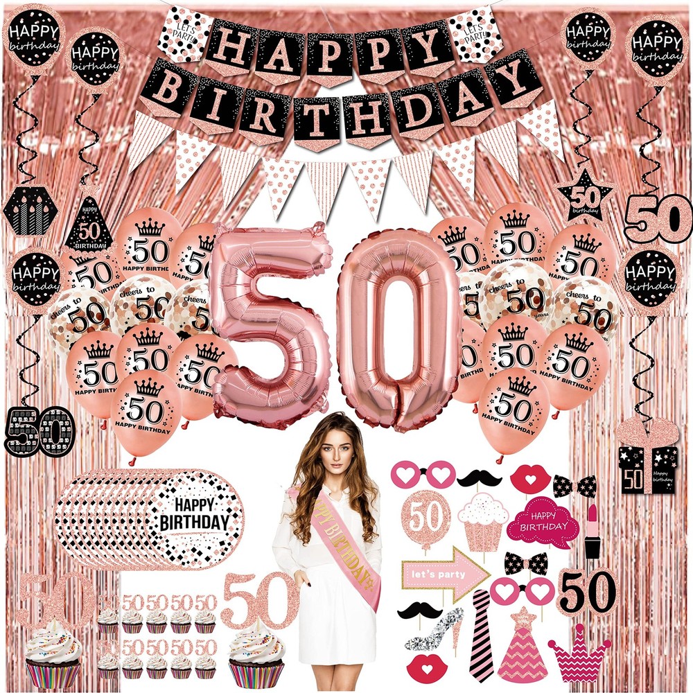 50th birthday decorations for women – (76pack) rose gold party Banner, Pennant,