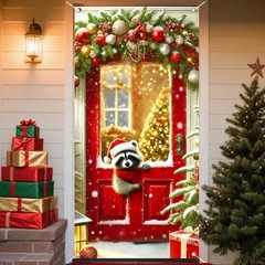 Christmas Door Cover Banners for Front Door Decorations Festive Raccoon Winte…