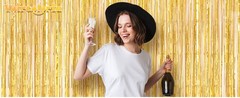 2 Pack Laser Gold Foil Fringe Backdrop Curtains, Tinsel Streamers Birthday Party
