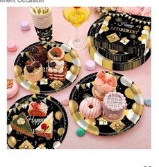 108pc Black Gold Happy Retirement Party Decoración Back Drop Tableware Serves 16