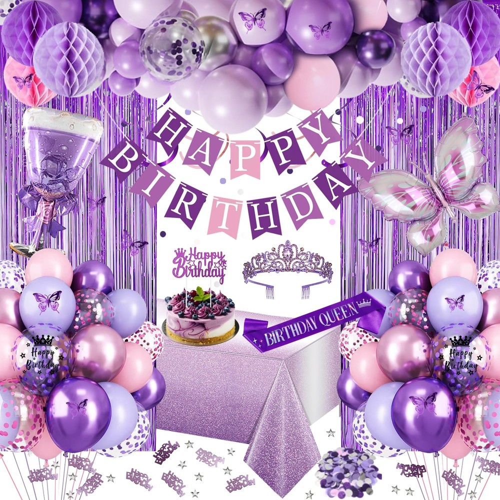 Purple Birthday Decorations, Purple Pink Party Decorations with Happy Birthday